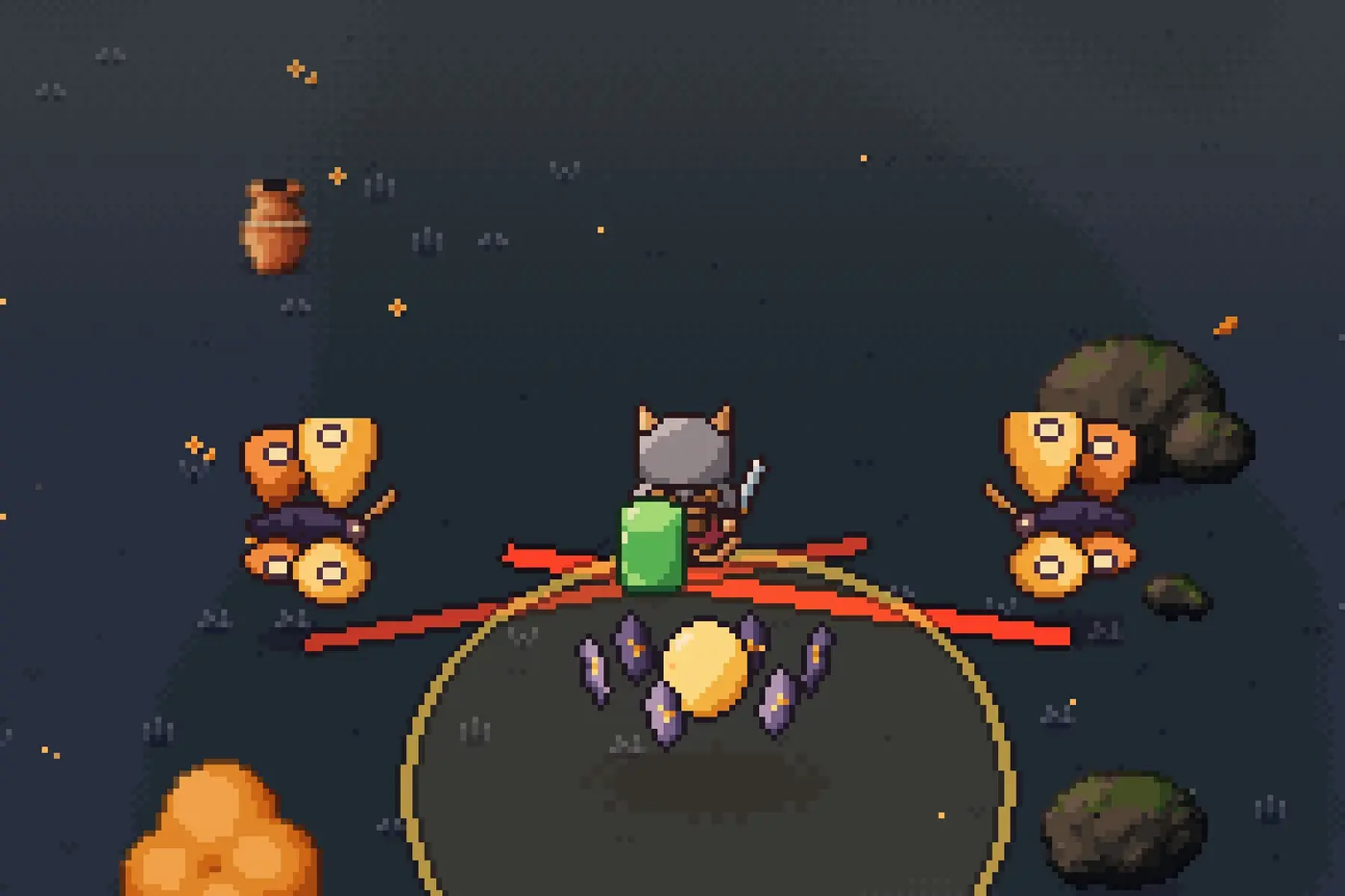 A pixel-art fight in Amber Afterlight at dusk, with red lines marking incoming attacks