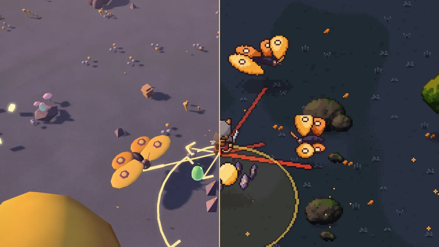 A fight with amber moths, split down the middle between 3D and pixel art