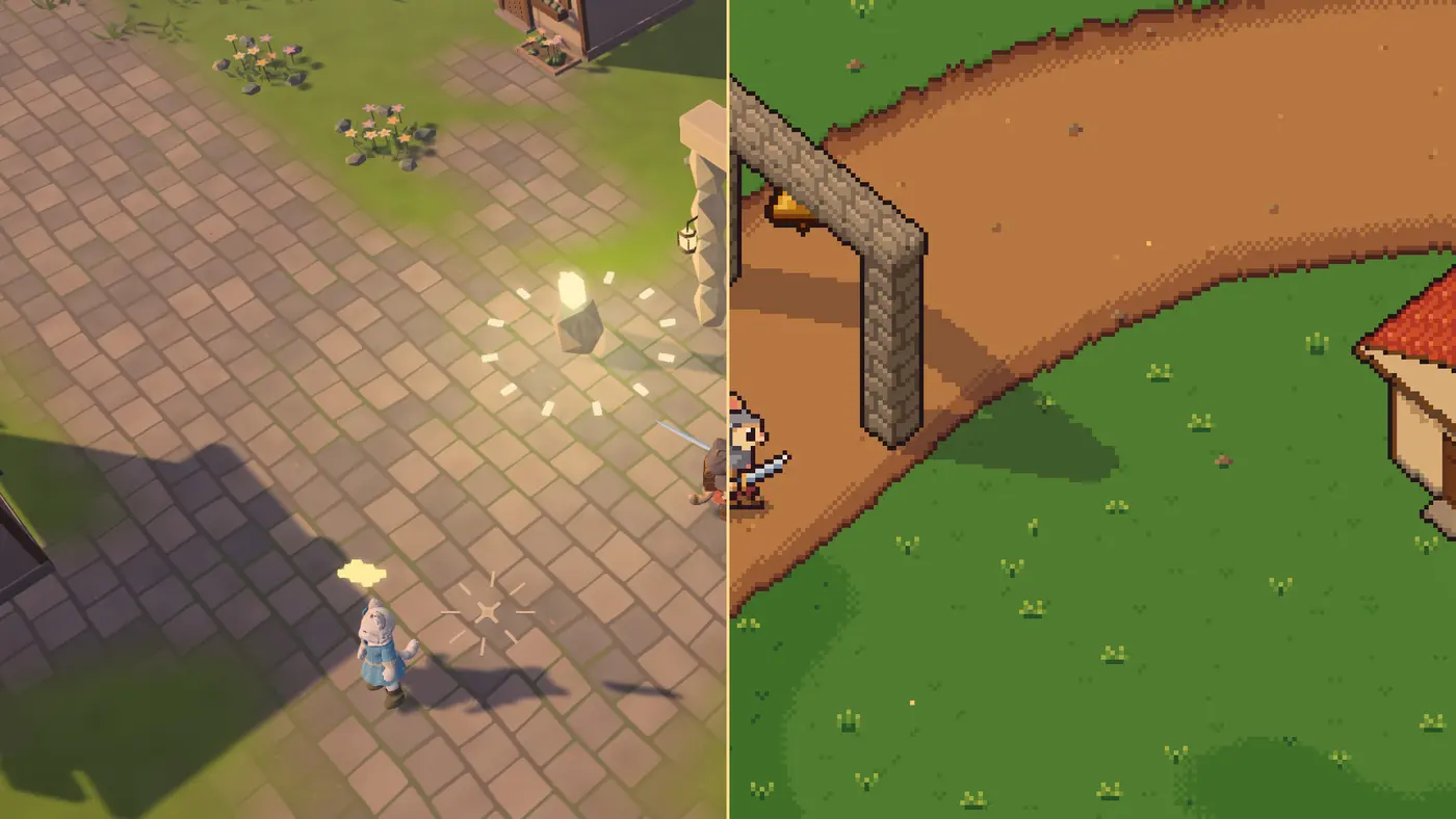The same evening in Bellwether, drawn in 3D on the left and in pixel art on the right