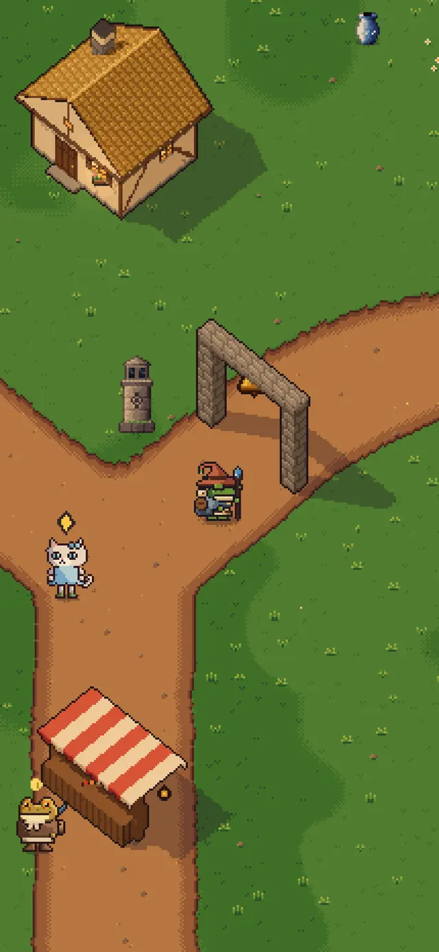 The same Rainroam scene in portrait on a phone, drawn in pixel art