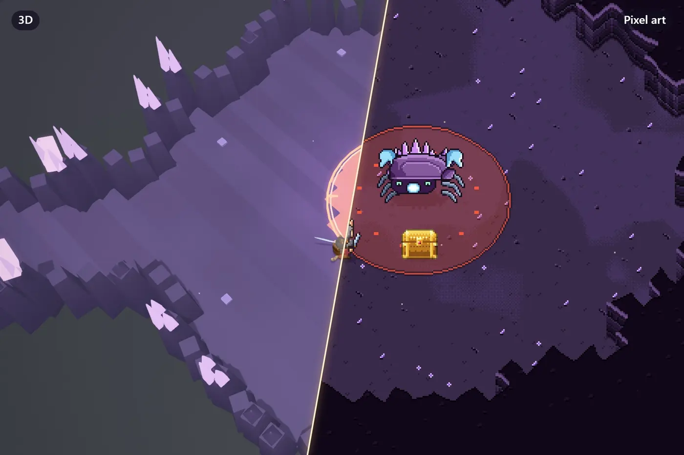 Prism Hollow, a crystal cave, and its guardian, split between 3D and pixel art