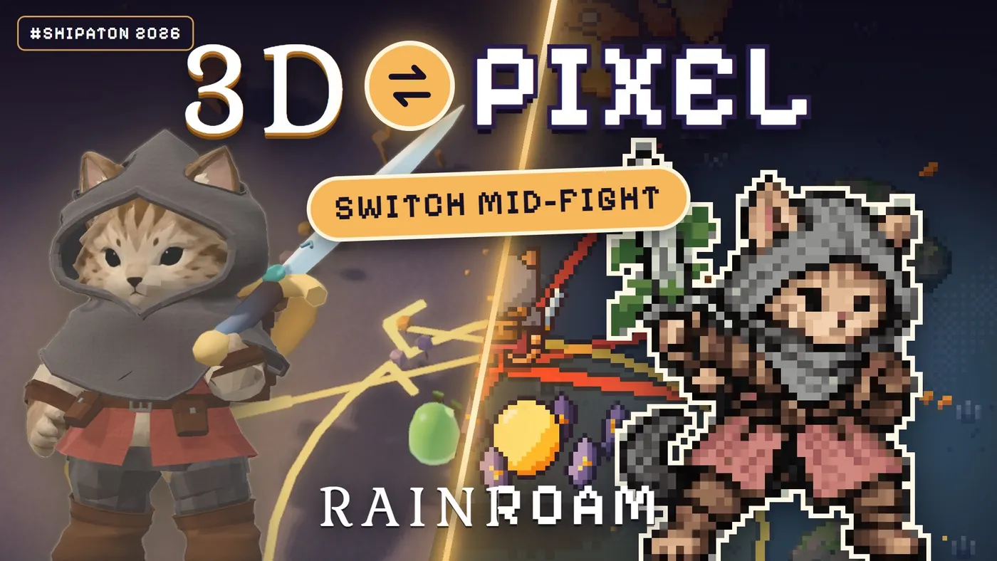 The cat knight in 3D and as a pixel-art sprite, from the Rainroam trailer
